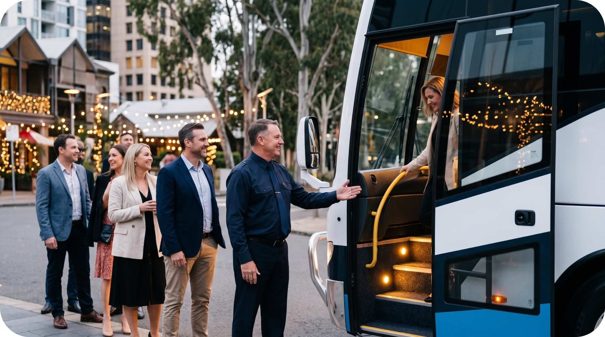 A driver welcoming passengers on board for an evening festive charter