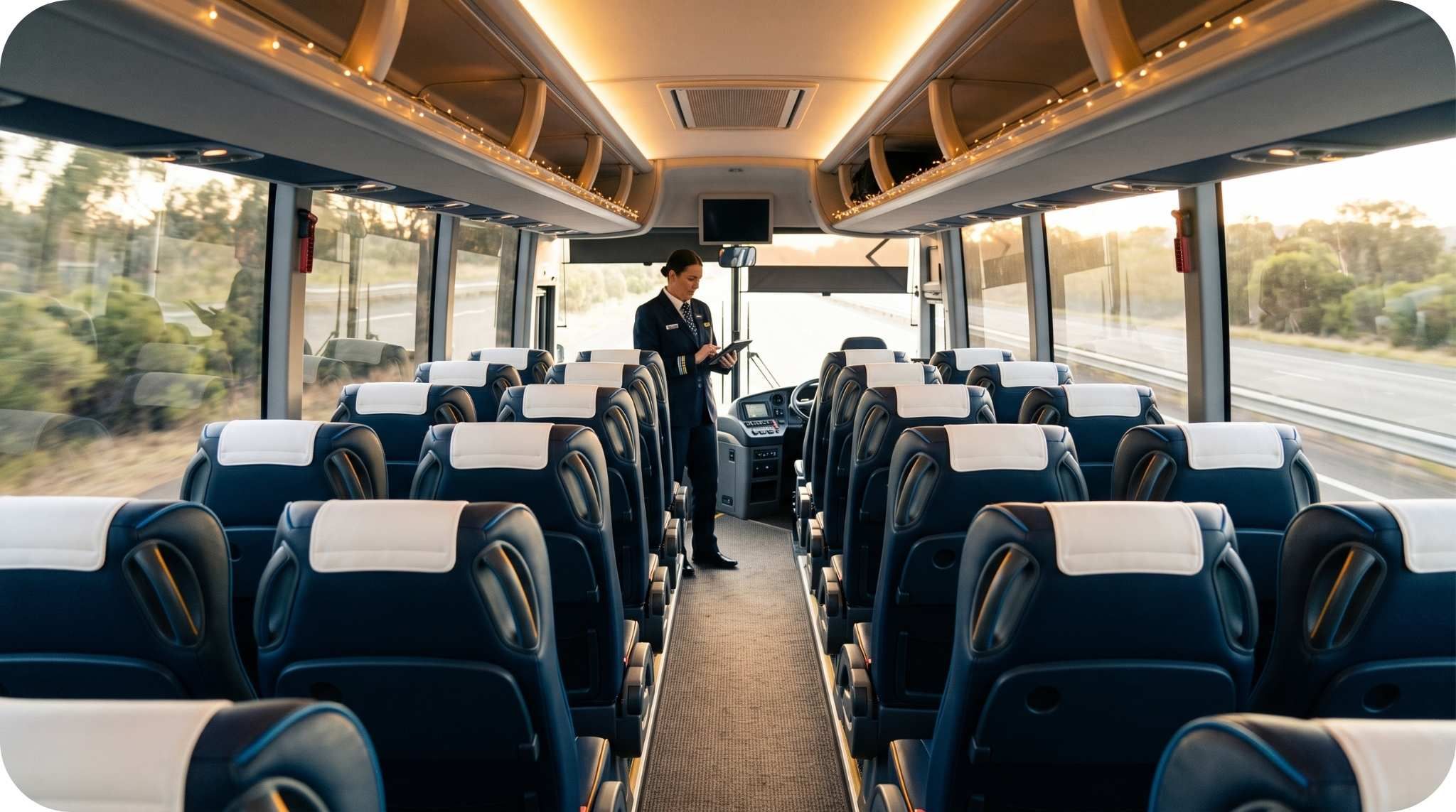 A spotless coach interior being checked after a charter