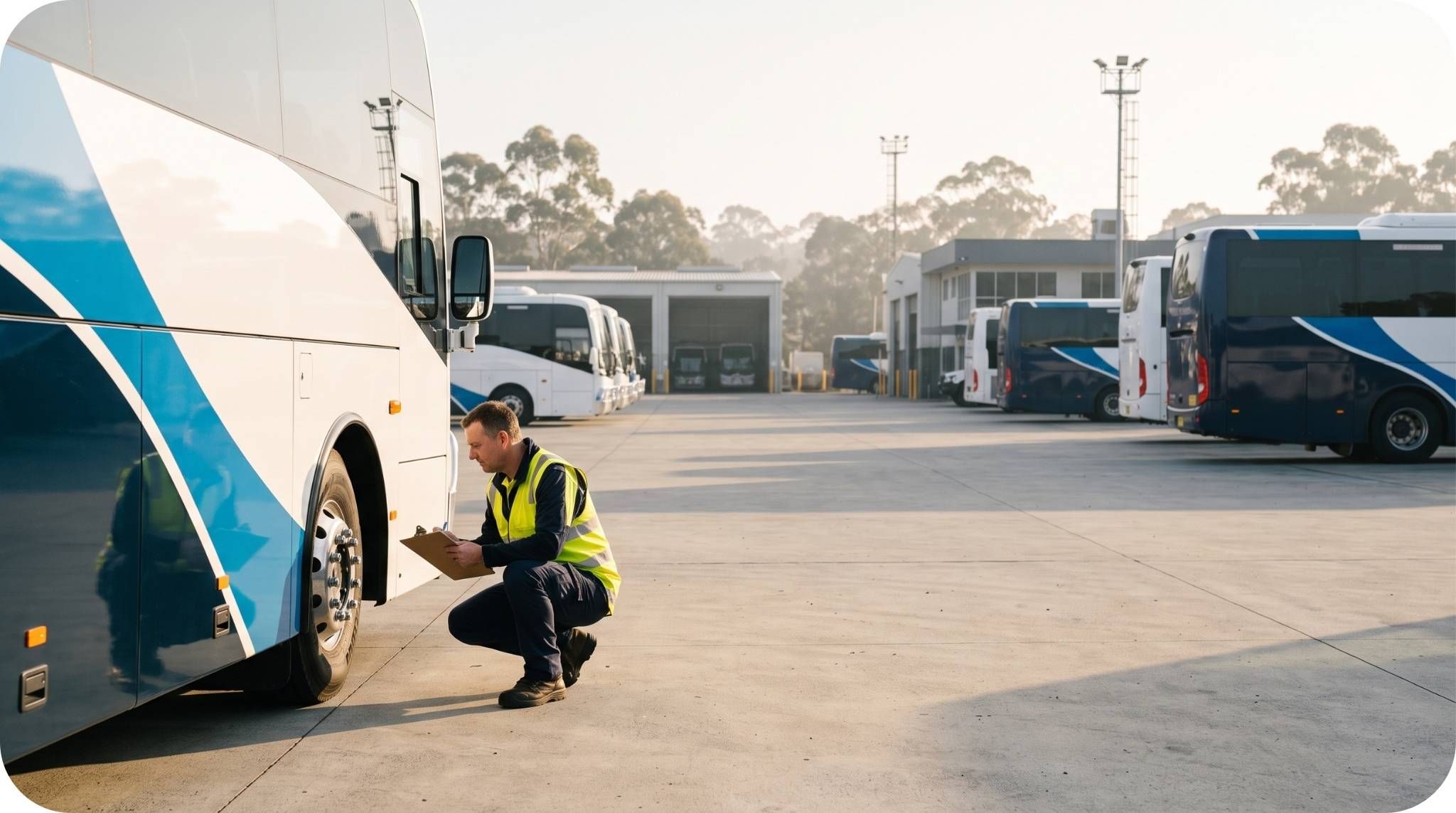A coach driver carrying out a pre trip safety check at the depot