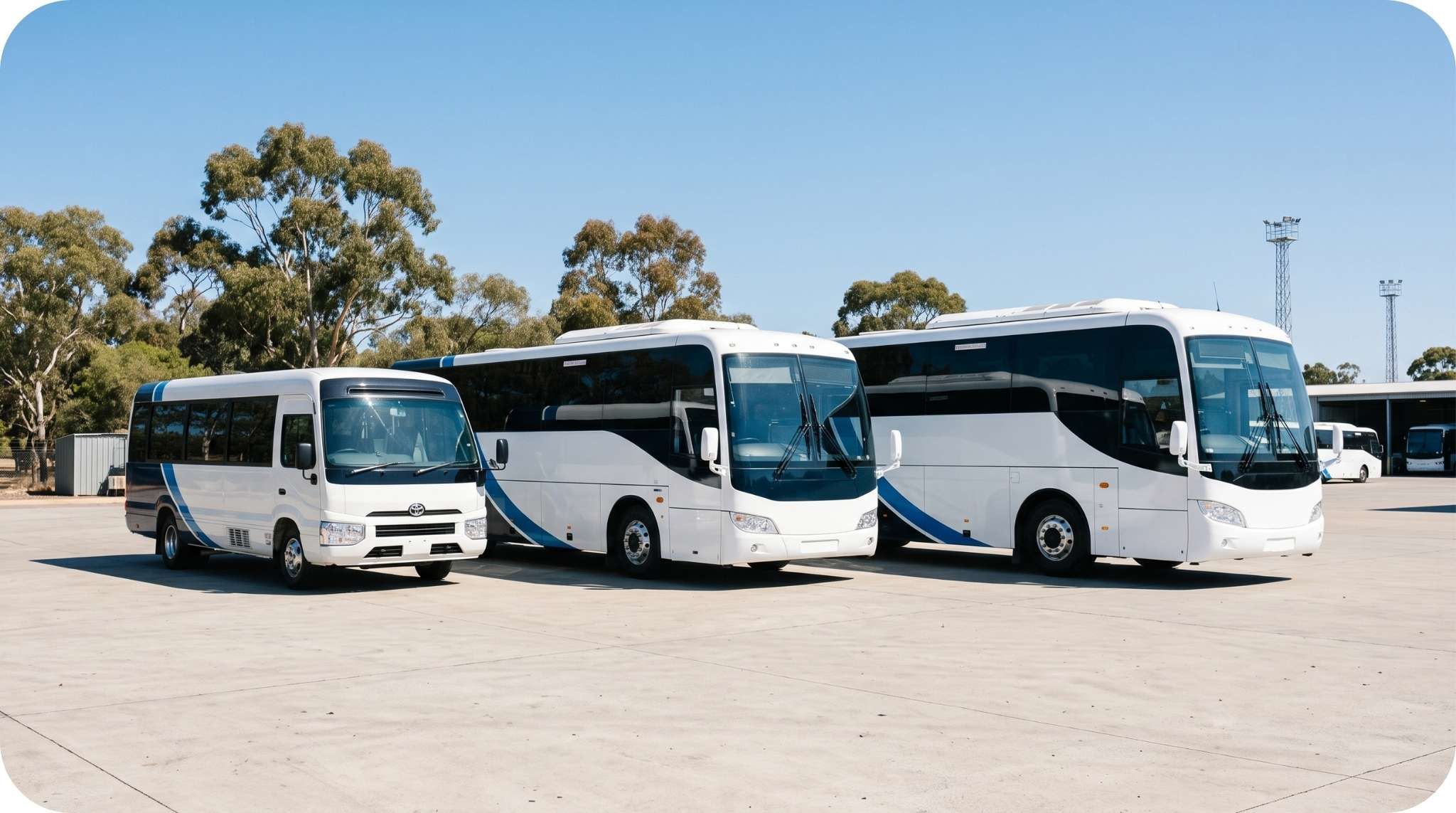A line up of mini buses and coaches of different sizes at a depot