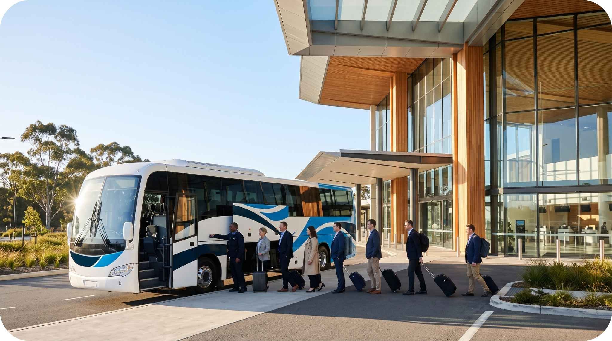 A coach arriving at a new airport terminal for group transfers